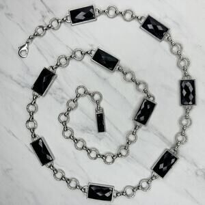 Womens Black Faceted Rhinestone Silver Tone Chain Belt Large (L/XL) ✨